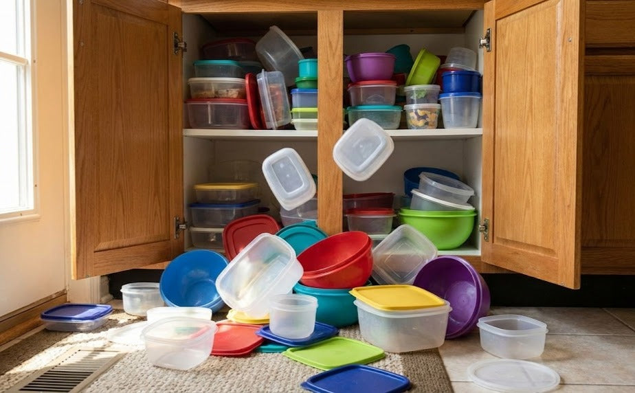 plastic tupperware containers falling out of a disorganised cupboard onto the floor