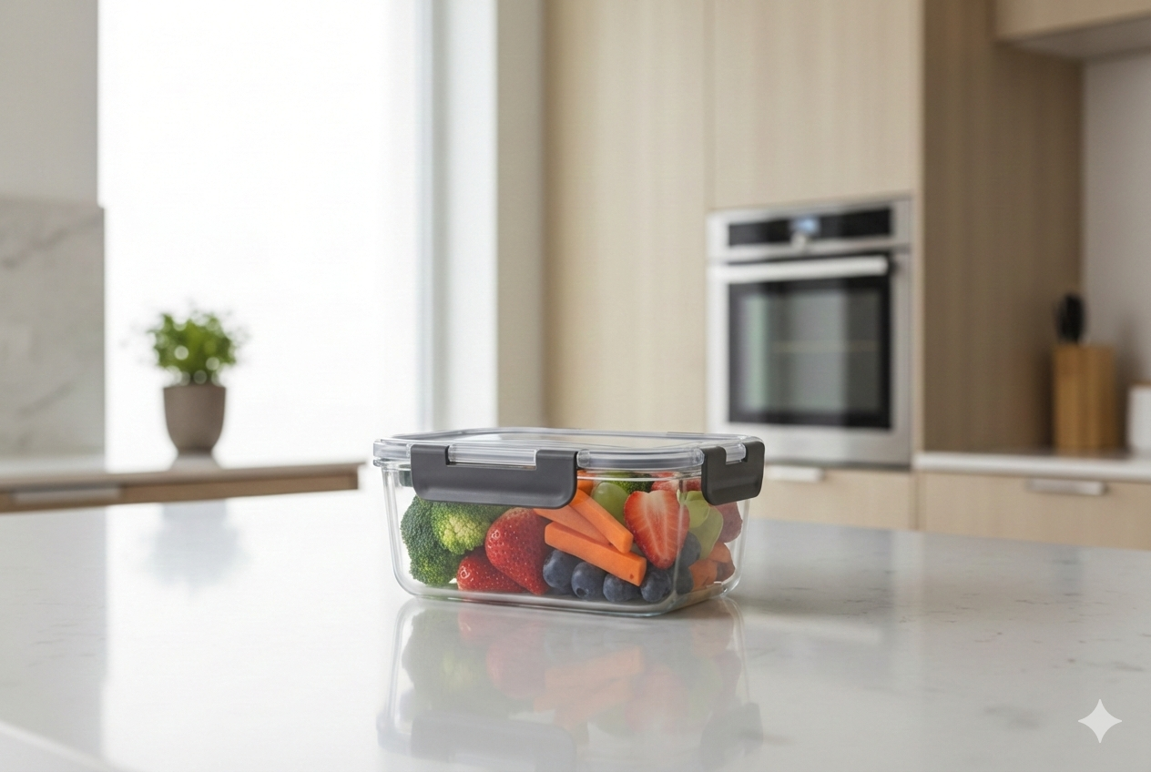 Container with vegetables on a kitchen counter