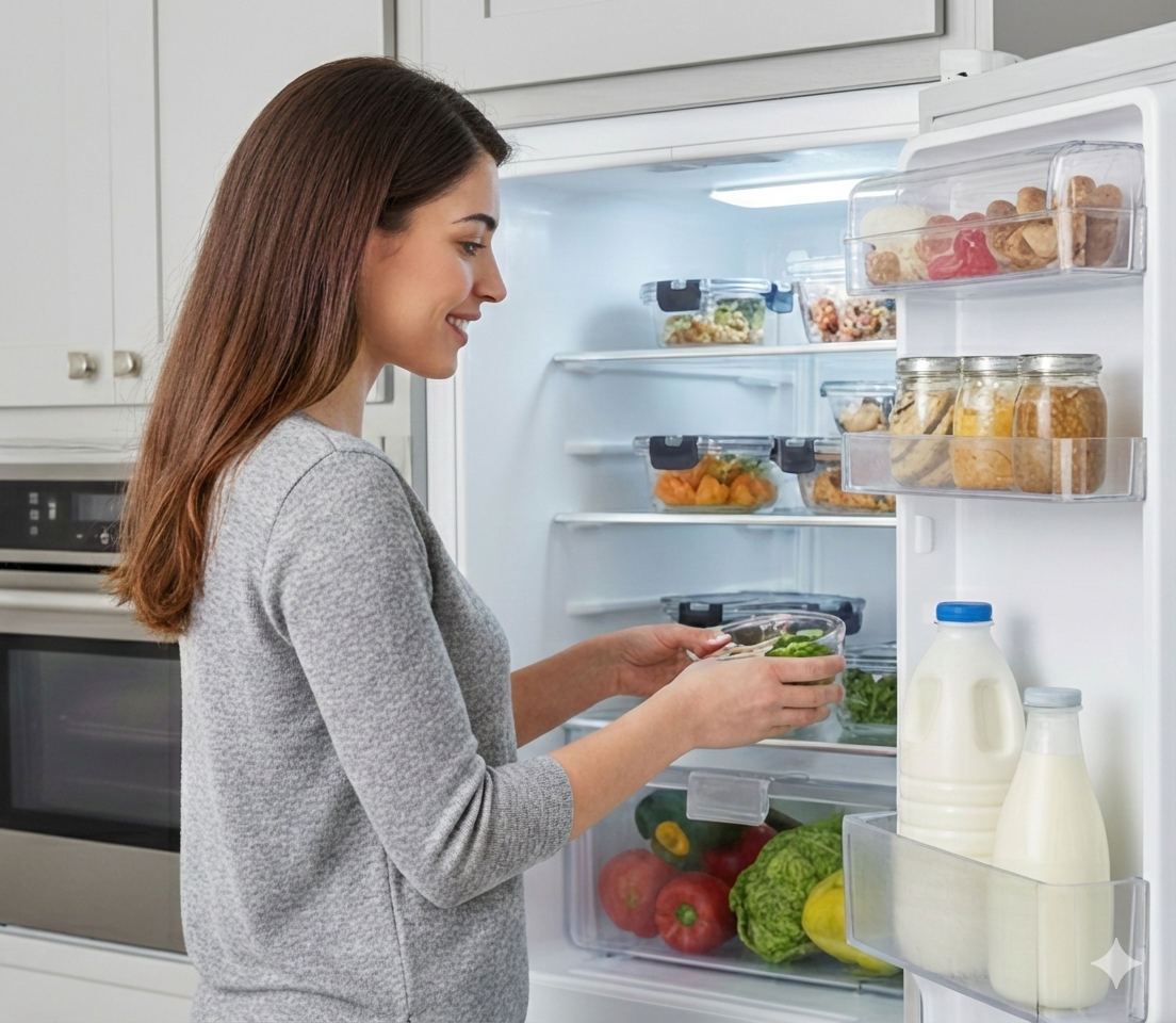 Woman looking into an open refrigerator filled with food.
