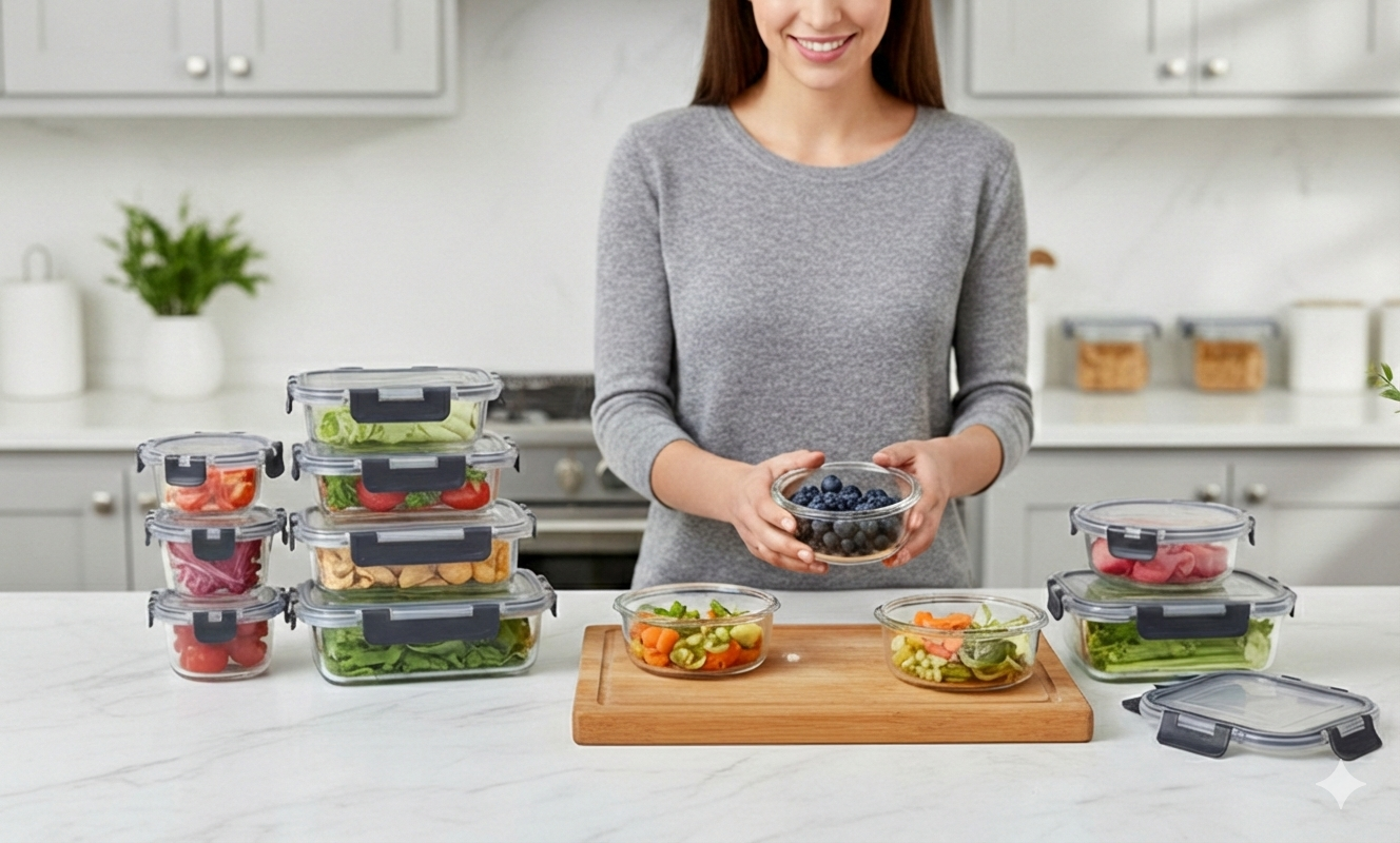 Woman in a kitchen holding containers with food, surrounded by more containers on a counter.
