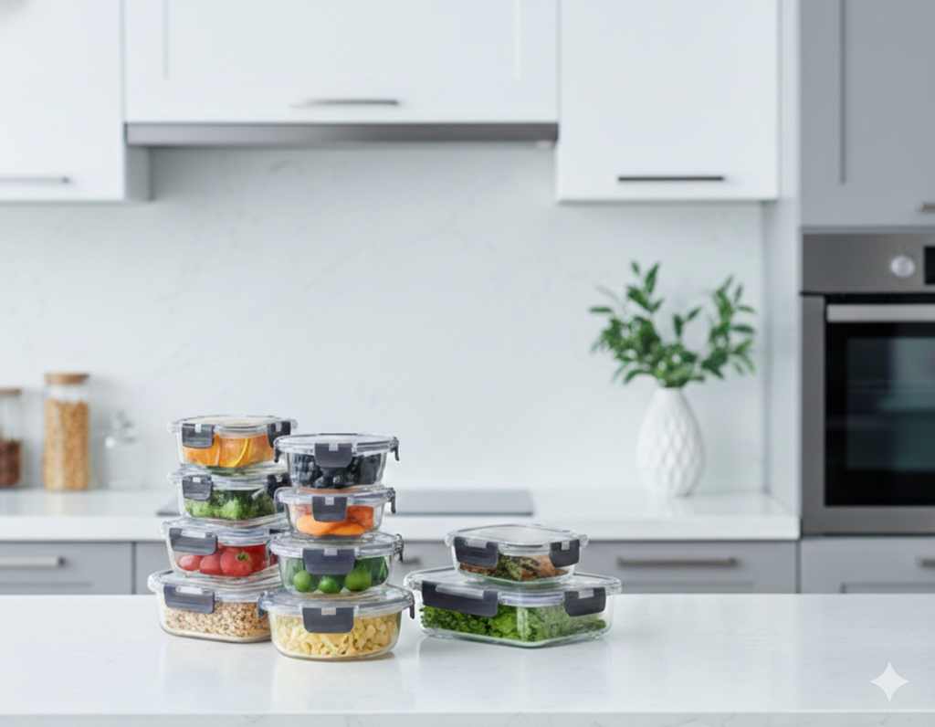 Set of glass food storage containers on a kitchen counter with a modern kitchen background.