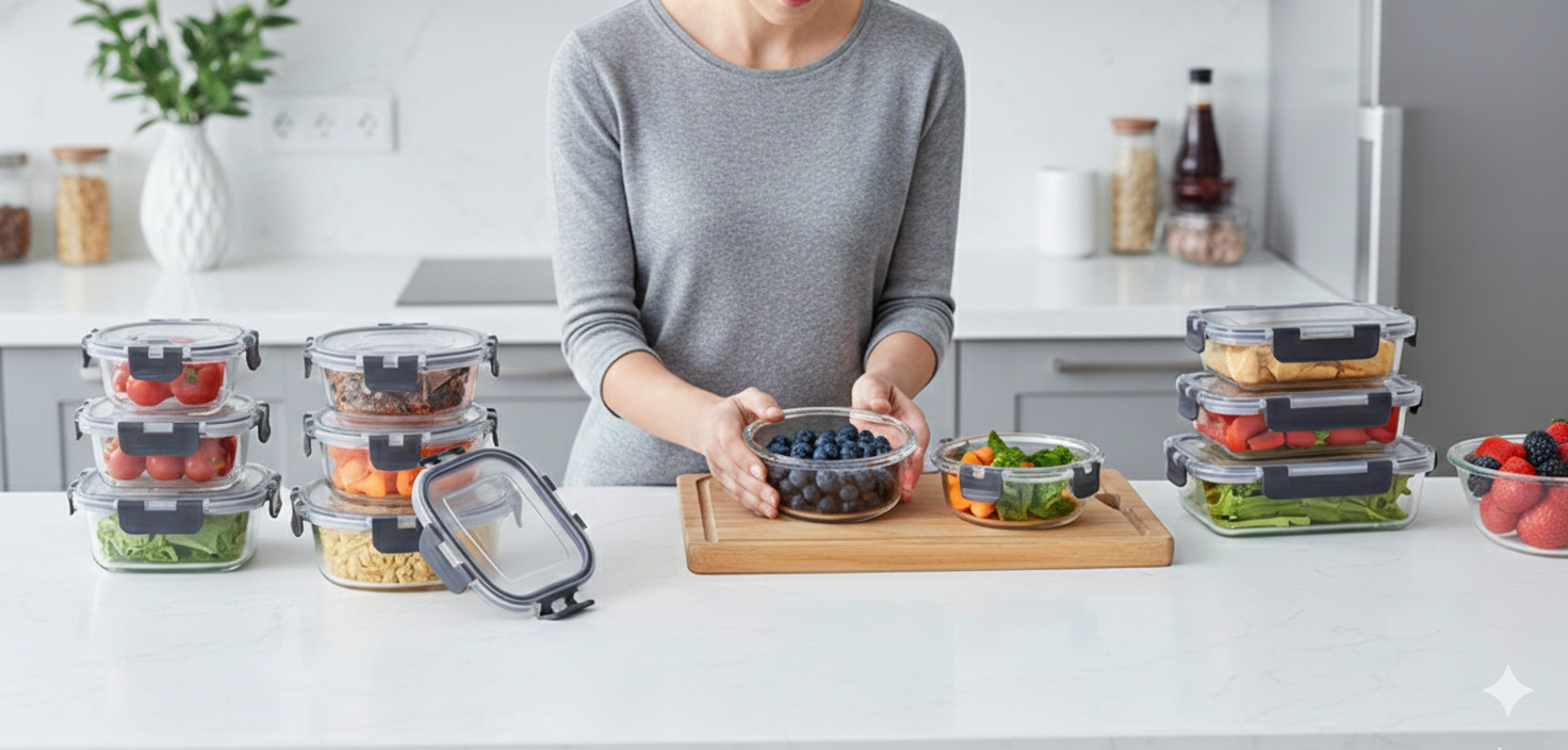 Person in a kitchen with containers of food on a counter