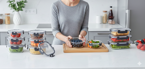 Person in a kitchen with containers of food on a counter